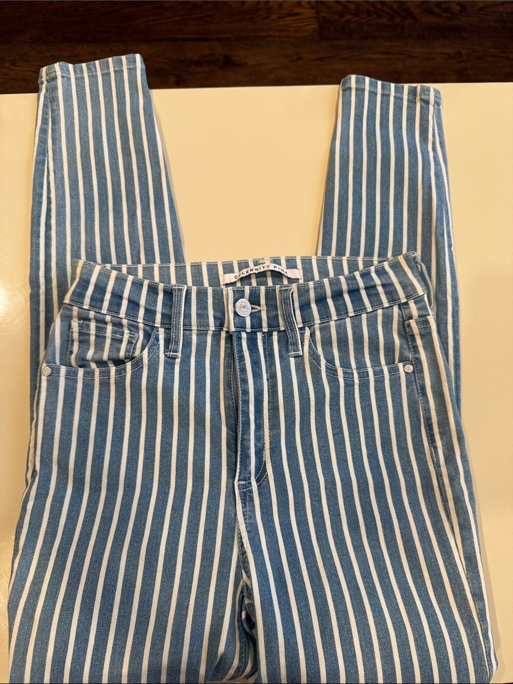 Celebrity Pink Blue and White Striped Skinny Jeans